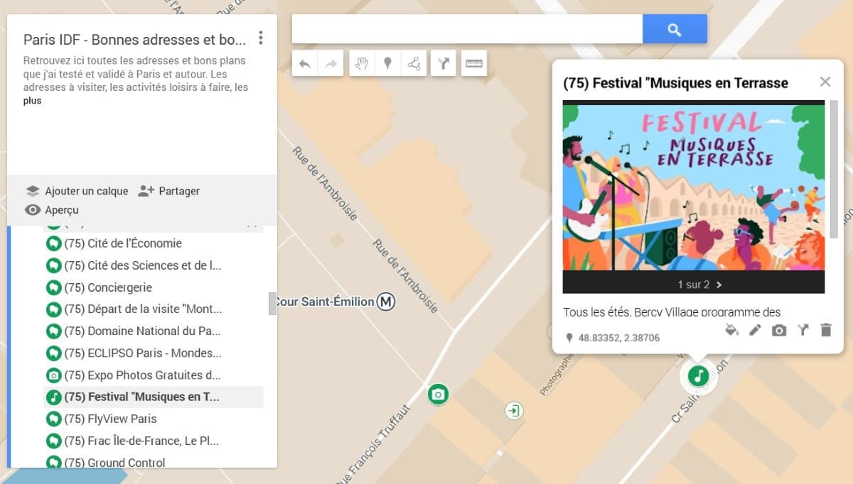 plan emplacement de la scene pour les concerts gratuits de bercy village pendant festival musiques en terrasse