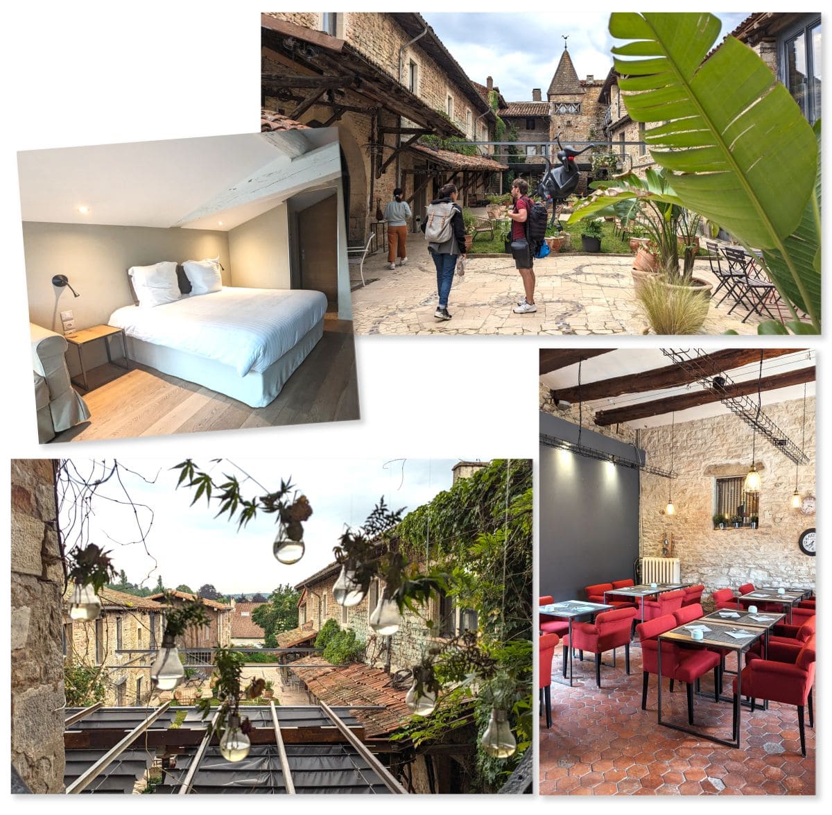 Explorez la Bourgogne du Sud en suivant la CycloRoute71 ! cour interieure et chambre de l art hotel potin gourmand cluny