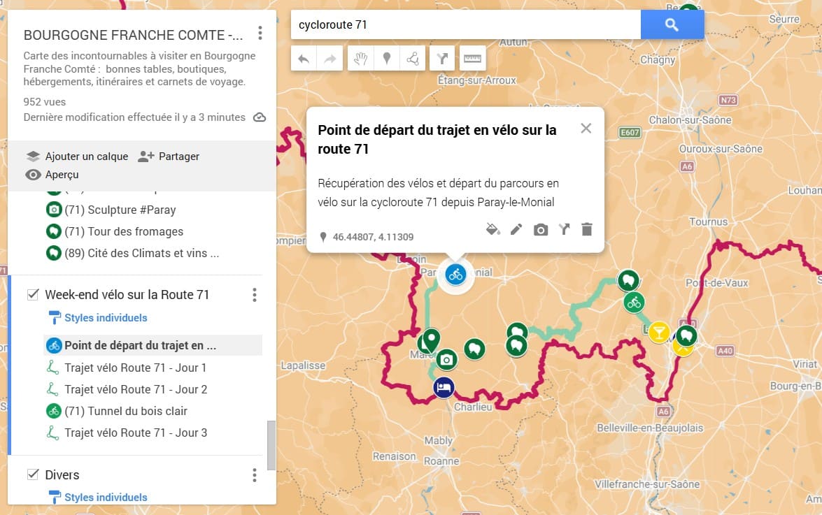 Explorez la Bourgogne du Sud en suivant la CycloRoute71 ! carte google cycloroute 71 sud de la bourgogne