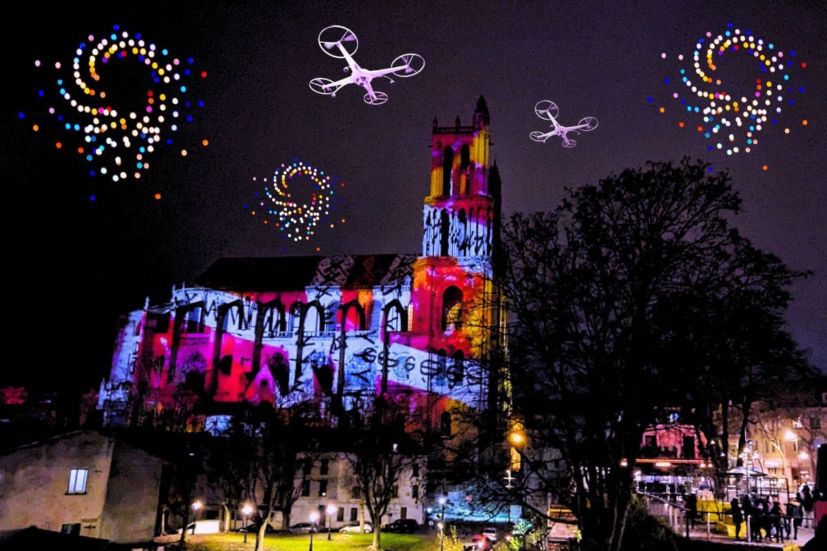Spectacle de drones gratuit à Mantes-la-Jolie le 1er février spectacle de drones gratuit a mantes la jolie vue sur collegiale notre dame