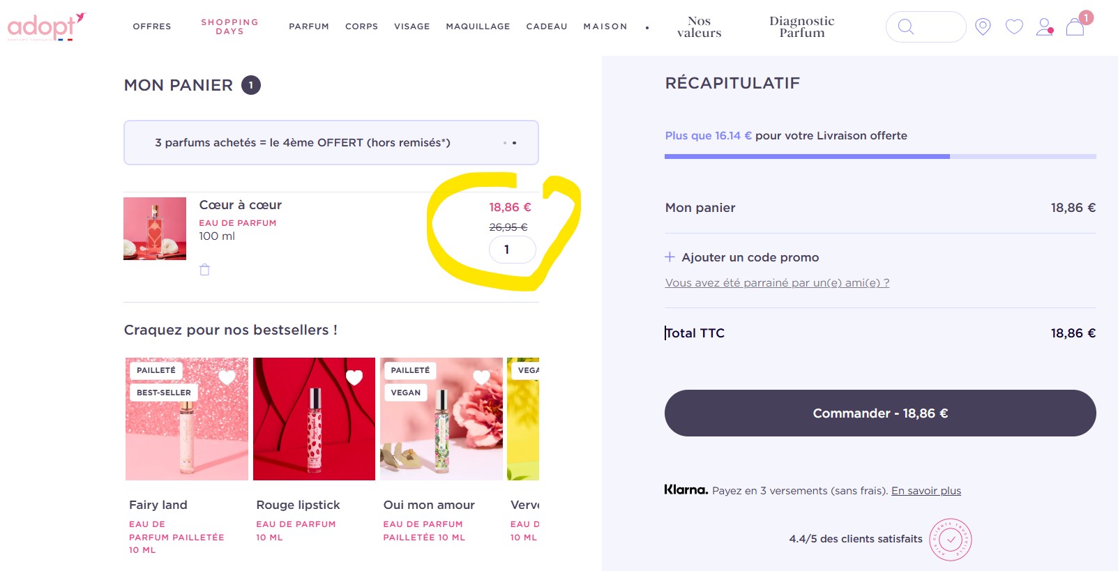 Adopt Parfums : les petites pépites parfumées à prix mini qu’on adore ! copie ecran du panier achat adopt avec application du code promo adopt parfums