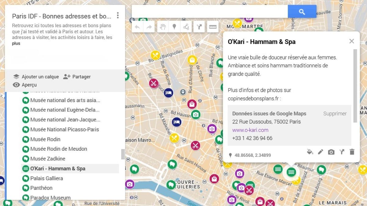 copie ecran de la carte google maps des bonnes adresses bien etre paris par copinesdebonsplans.fr