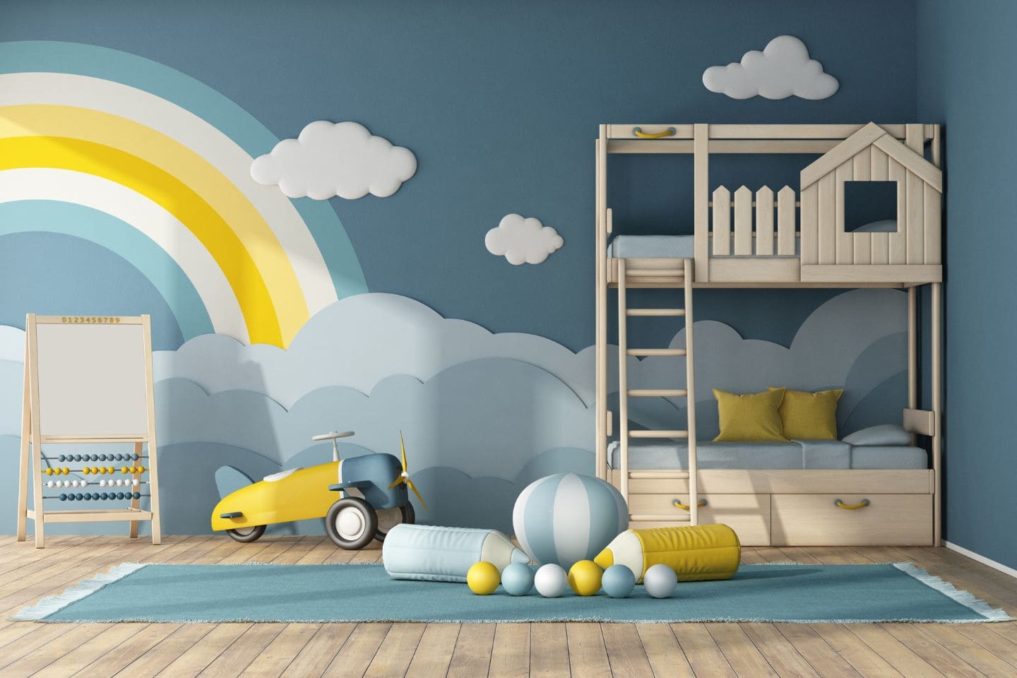 chambre enfants bien rangee bleue jaune et blanc