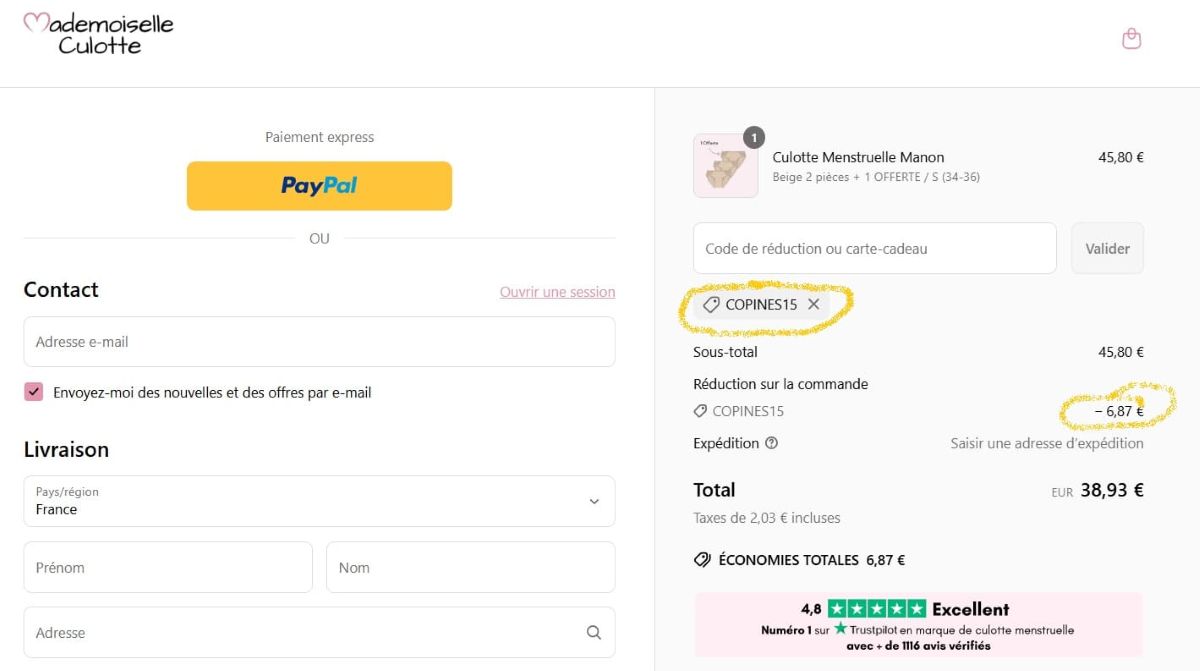 exemple de panier avec articles Mademoiselle Culotte et utilisation du code promo de copinesdebonsplans.fr