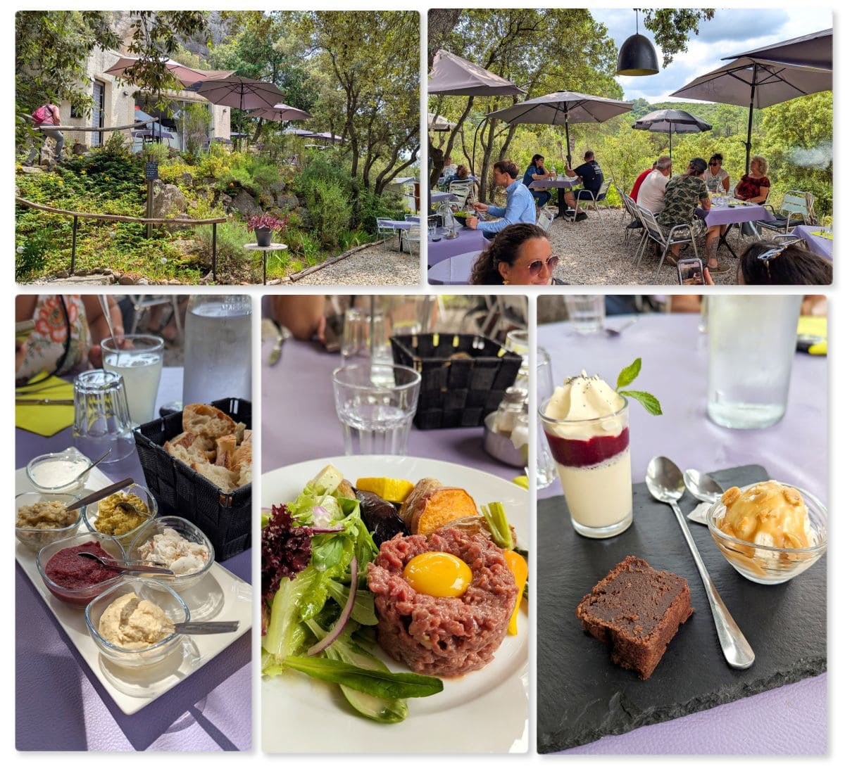 terrasse et plats du restaurant o cirque a moureze