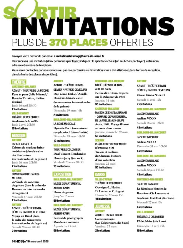 Spectacles gratuits 92 : près de 300 places offertes ! liste des invitations gratuites spectacles a obtenir dans le 92 en mars avril 2026