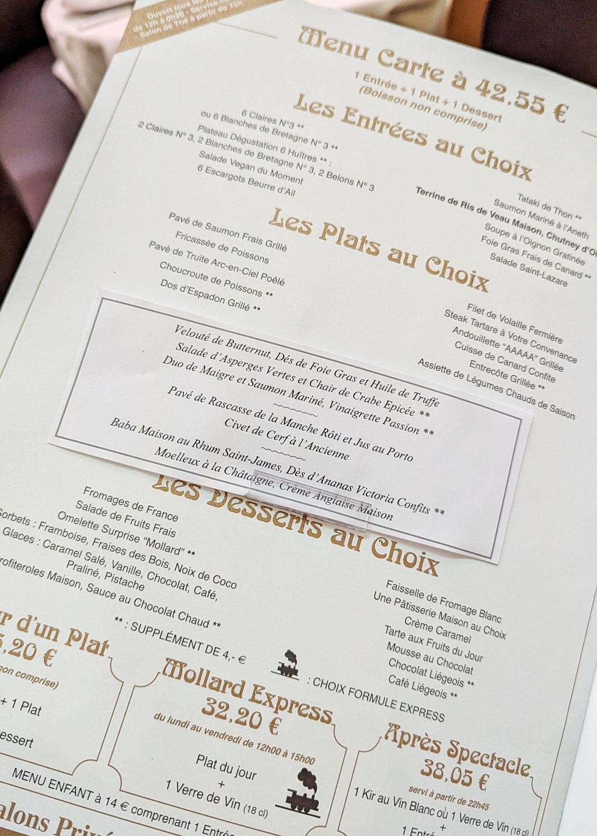 menu a 42 euros de la brasserie mollard