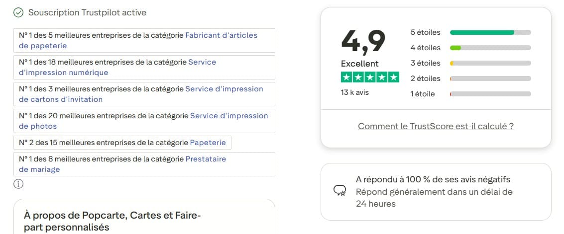 note trustpilot pour popcarte