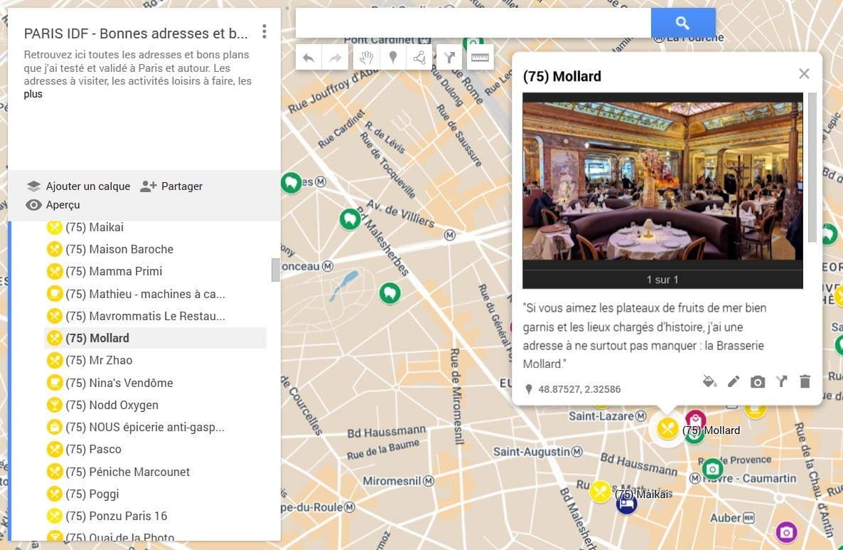 brasserie mollard sur carte des bonnes adresses de copinesdebonsplans.fr