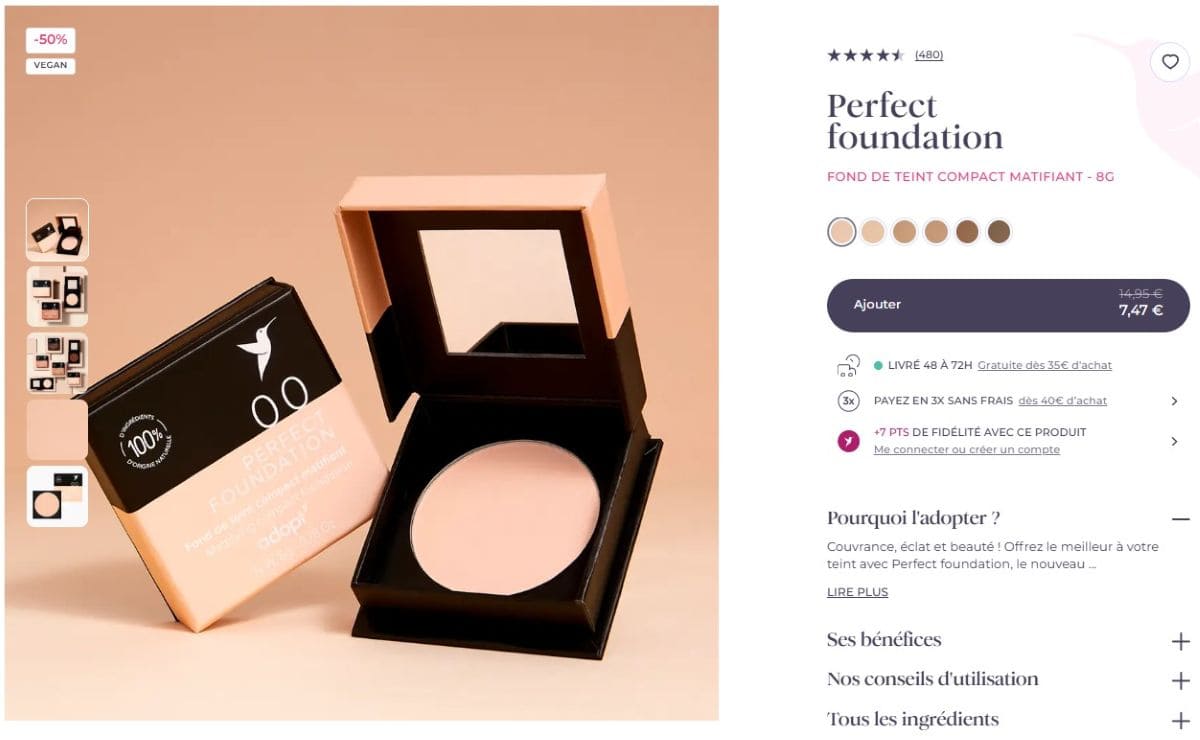 Soldes ADOPT : maquillage à –50% et parfums à –30% Fond de teint adopt solde hiver 2026