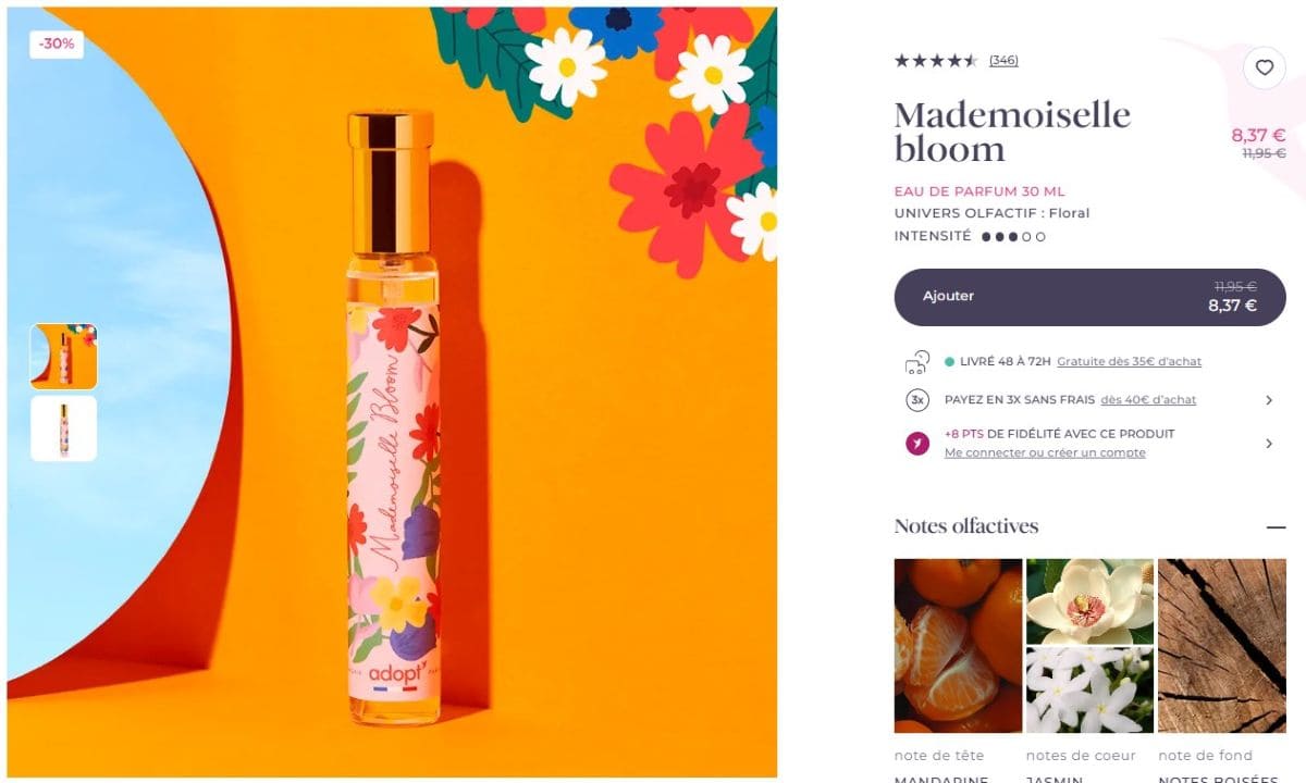 Soldes ADOPT : maquillage à –50% et parfums à –30% parfum mademoiselle bloom adopt soldes hiver 26
