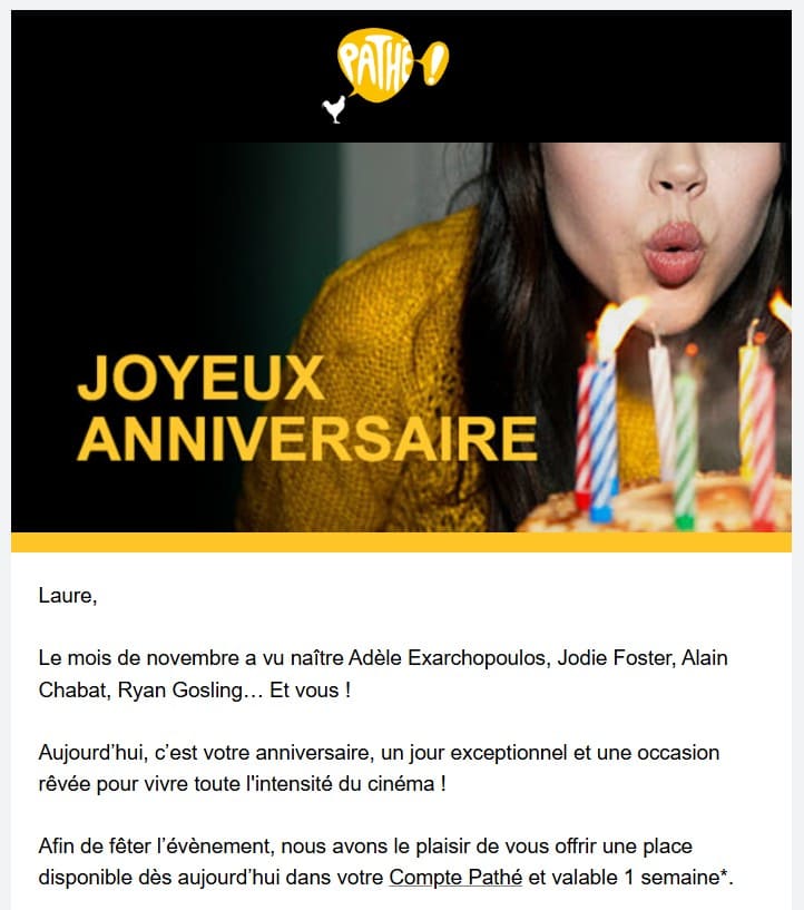 6 cadeaux offerts pour votre anniversaire ! place de cinema gratuite pathe