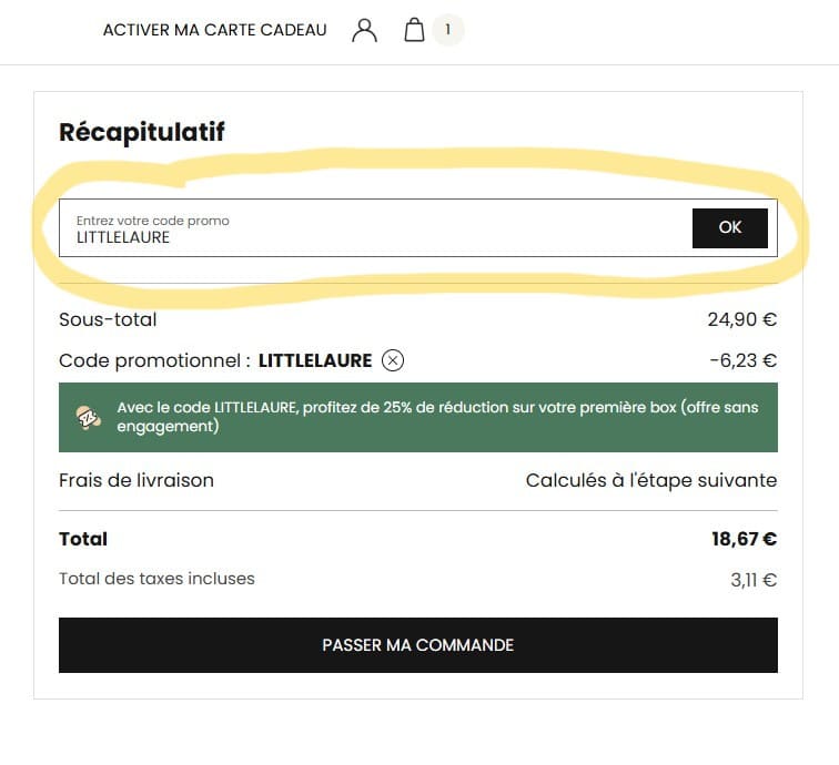 Code promo My Little Box : -25 % en 2026 ! zone de saisie du code promo sur mylittlebox.fr