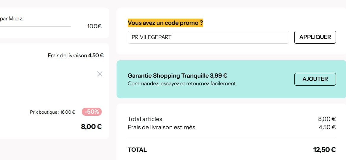 Code promo MODZ : -10€ dès 50€ d'achats (code permanent !) ou mettre le code promo dans le panier modz