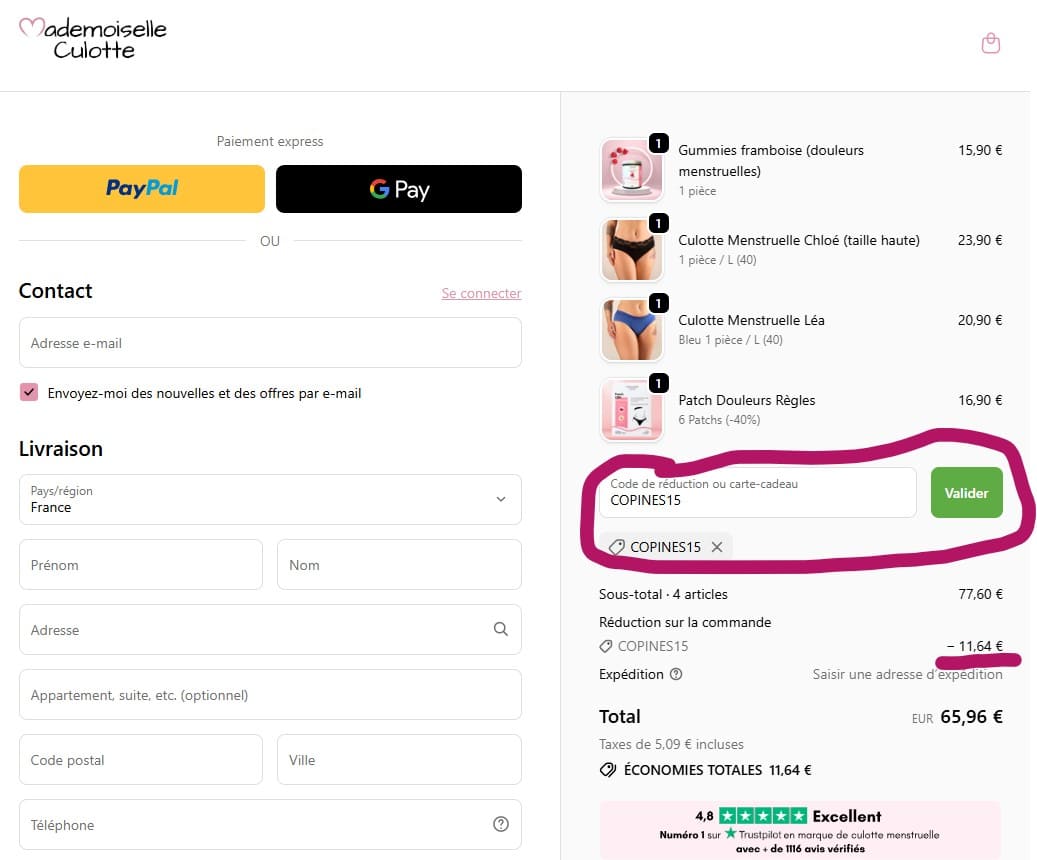 Code promo Mademoiselle Culotte : -15% (+ livraison offerte) utilisation du code promo COPINES15 sur mademoiselle culotte