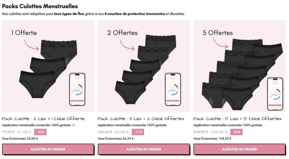 Code promo Mademoiselle Culotte : -15% (+ livraison offerte) pack culottes menstruelles economiques chez mademoiselle culotte