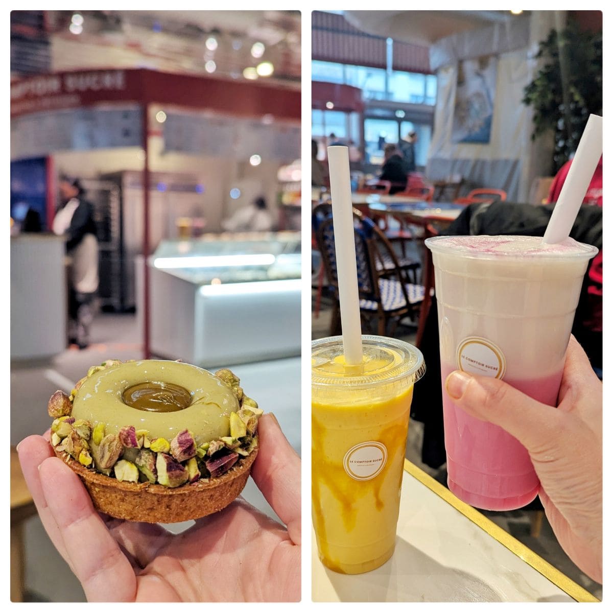 La halle des Victoires, food court idéal pour un tour du monde gourmand ! le comptoir sucre tarte pistache smoothie et ube latte