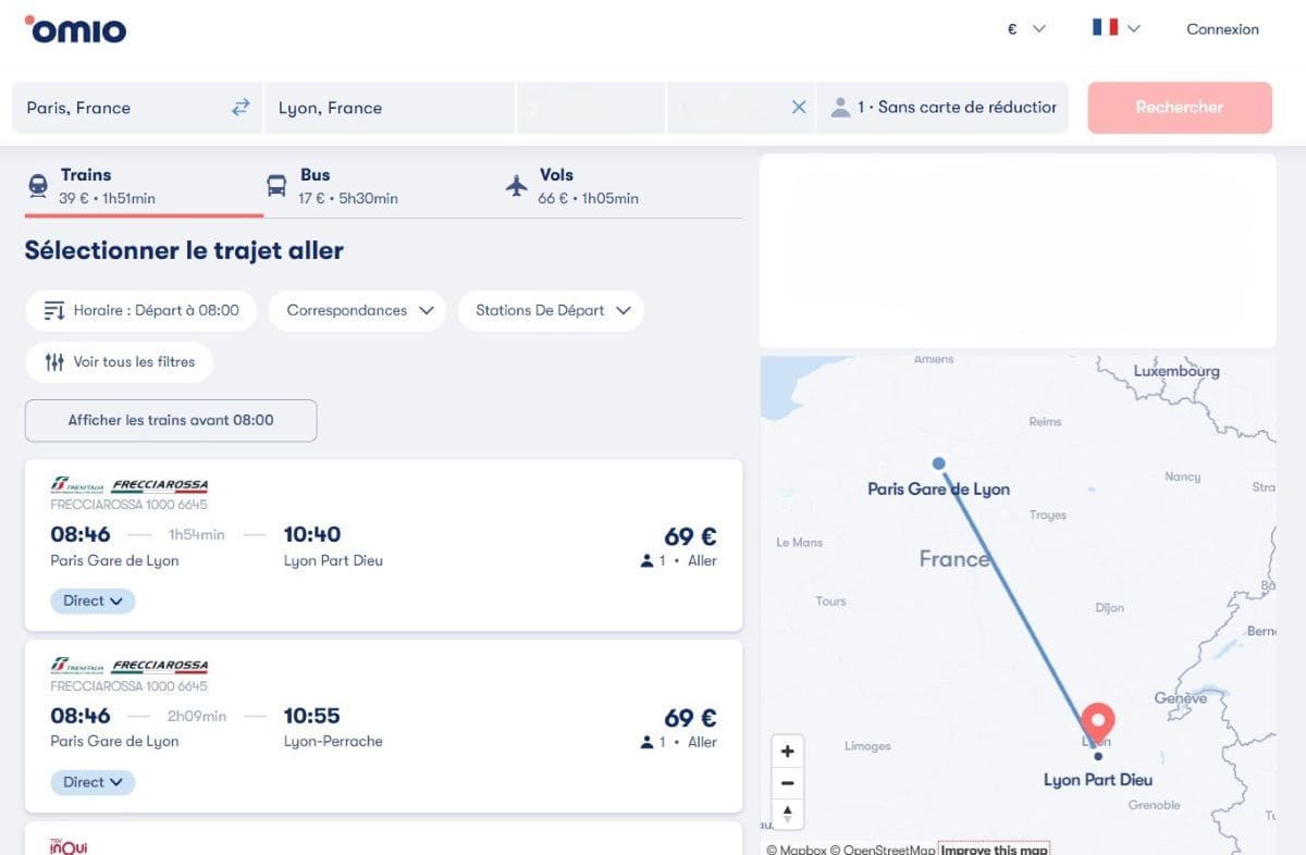 Code promo OMIO : -12% sur votre 1er voyage ! exemple de trajet a commander sur omio