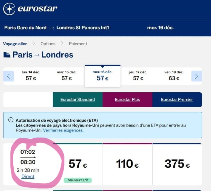 temps de trajet en eurostar entre paris et londres saint pancras