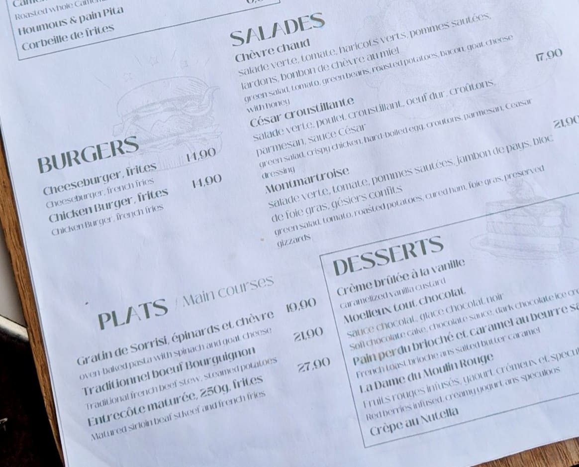 Le Rendez-vous des amis : cosy et abordable à Montmartre menu et plats a la carte du restaurant le rendez vous des amis rue gabrielle montmartre paris
