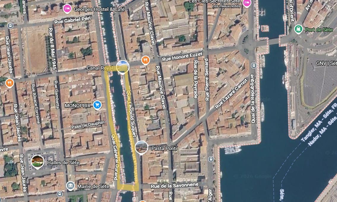 Visiter Sète à pied : incontournables, pépites et bons plans localisation du cadre royal a sete entre le pont de la civette et le pont de la savonnerie