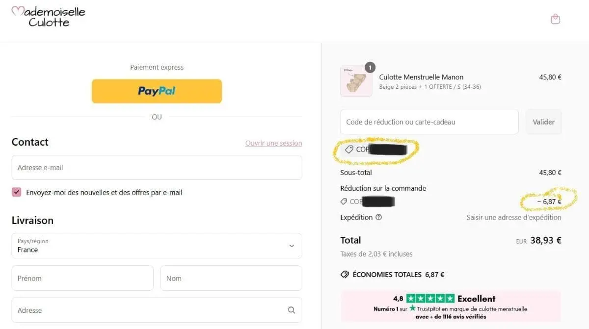 Code promo Mademoiselle Culotte : -15% + livraison offerte (toujours valide !) preuve du bon fonctionnement du code promo exclusif mademoiselle culotte x copinesdebonsplans teste le 03.08.2026