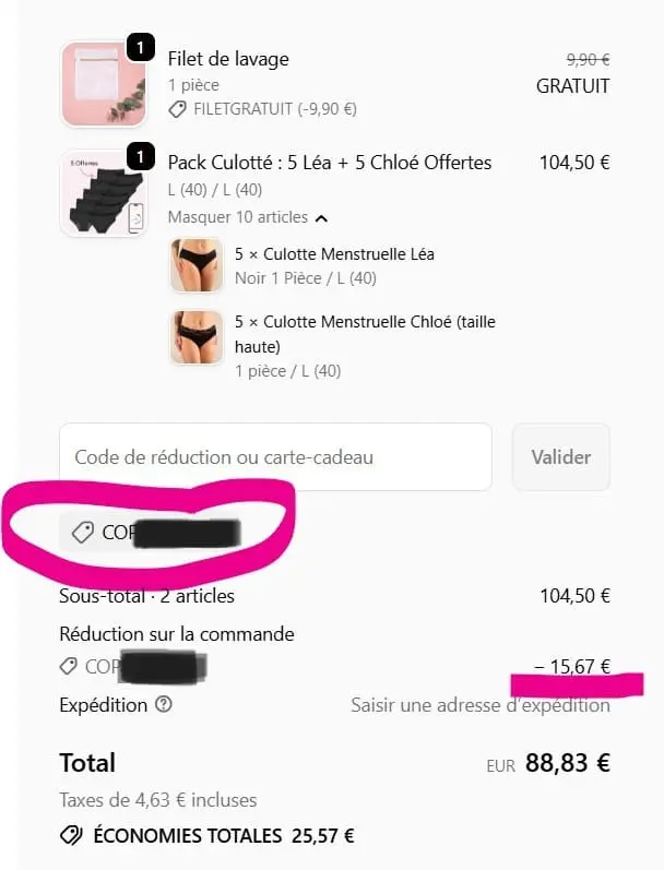 Code promo Mademoiselle Culotte : -15% + livraison offerte (toujours valide !) panier mademoiselle culotte avec reduction du a l usage du code promo copinesdebonsplans - preuve verification du 03.08.2026
