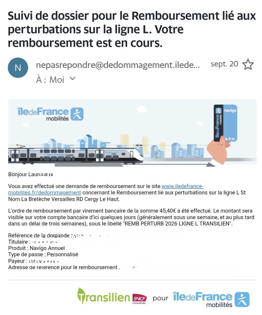 confirmation remboursement navigo par virement bancaire