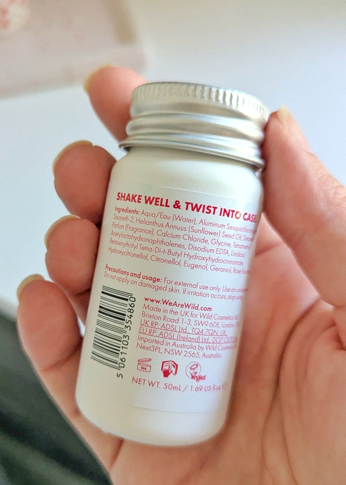 etiquette de la composition du deo anti transpirant wild rose cachemire wild