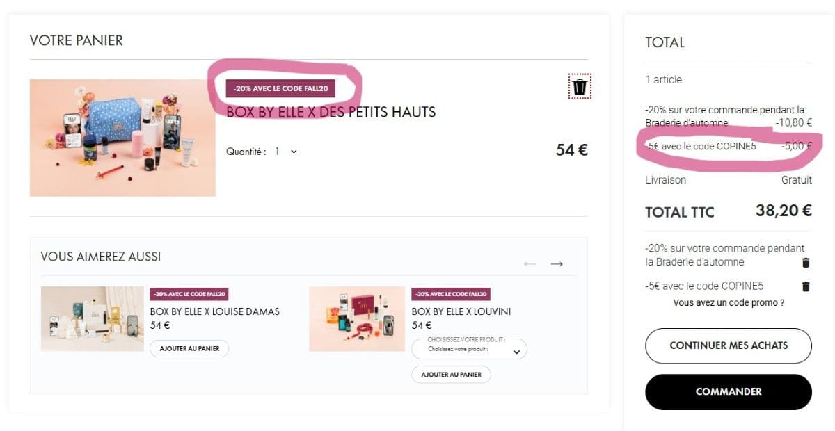 cumul de codes promo copine5 et FALL20 sur box by elle